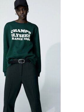 ZARA Women's Size Small Dark Green Text Print Long Sleeve Sweatshirt Sweater S